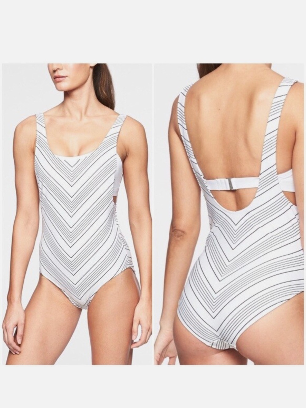 Athleta White One-Piece Swimsuit with Black Chevron Lines Size 32B/C